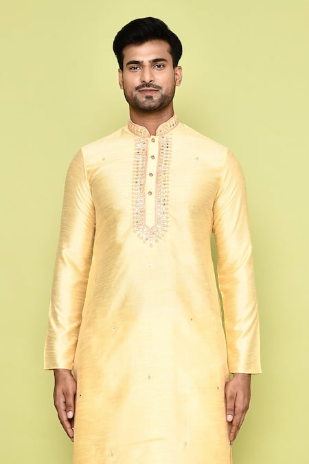 Shop Arihant Rai Sinha Yellow Silk Mirrors, Embroidery Work Kurta And Cream Dhoti Pant Set Online at Aza Fashions Shop_Arihant Rai Sinha_Yellow Silk Mirrors, Embroidery Work Kurta And Cream Dhoti Pant Set_Online_at_Aza_Fashions