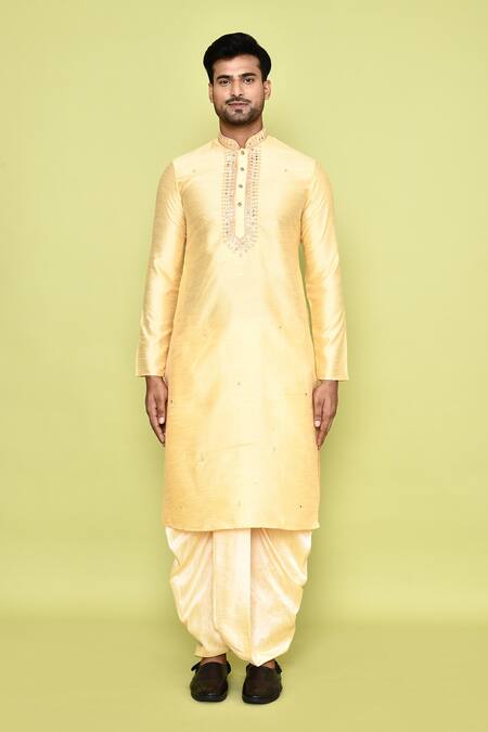 Arihant Rai Sinha_Yellow Silk Mirrors, Embroidery Work Kurta And Cream Dhoti Pant Set_at_Aza_Fashions