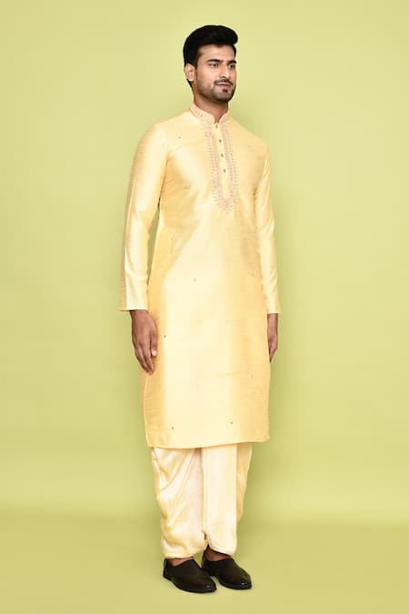 Shop Arihant Rai Sinha Yellow Silk Mirrors, Embroidery Work Kurta And Cream Dhoti Pant Set Shop_Arihant Rai Sinha_Yellow Silk Mirrors, Embroidery Work Kurta And Cream Dhoti Pant Set