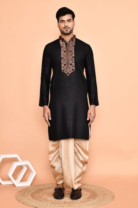 Shop_Arihant Rai Sinha_Black Cotton, Silk Embroidery Kurta And Cream Dhoti Pant Set _Online_at_Aza_Fashions