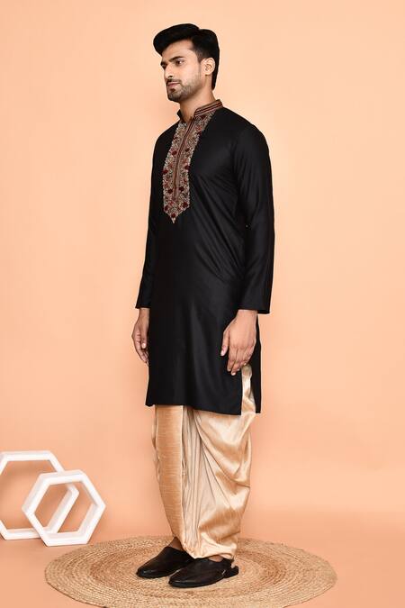 Arihant Rai Sinha_Black Cotton, Silk Embroidery Kurta And Cream Dhoti Pant Set _at_Aza_Fashions