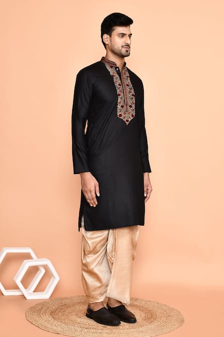 Buy_Arihant Rai Sinha_Black Cotton, Silk Embroidery Kurta And Cream Dhoti Pant Set 