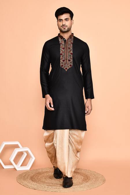Shop_Arihant Rai Sinha_Black Cotton, Silk Embroidery Kurta And Cream Dhoti Pant Set 