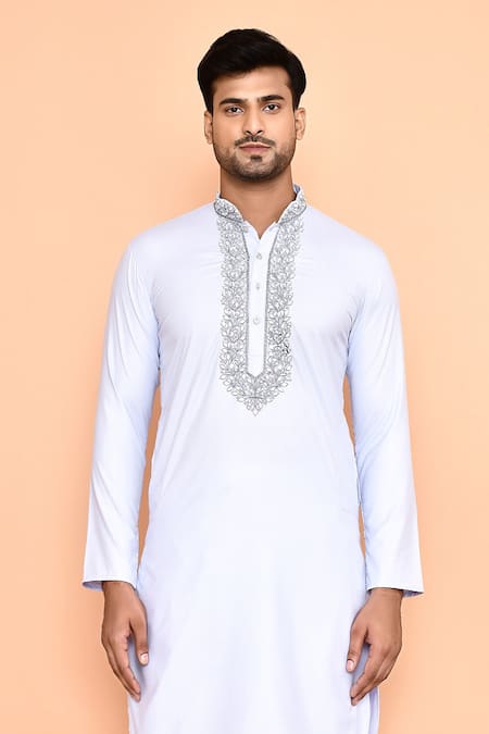 Shop Arihant Rai Sinha Blue Cotton, Silk Mirrors, Embroidery Kurta And Off-white Dhoti Pant Set Online at Aza Fashions Shop_Arihant Rai Sinha_Blue Cotton, Silk Mirrors, Embroidery Kurta And Off-white Dhoti Pant Set _Online_at_Aza_Fashions