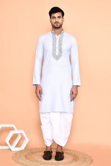 Arihant Rai Sinha_Blue Cotton, Silk Mirrors, Embroidery Kurta And Off-white Dhoti Pant Set _at_Aza_Fashions