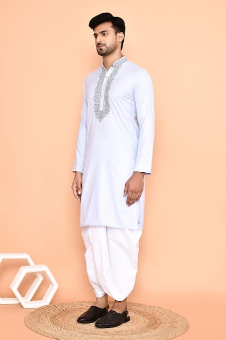 Buy_Arihant Rai Sinha_Blue Cotton, Silk Mirrors, Embroidery Kurta And Off-white Dhoti Pant Set 