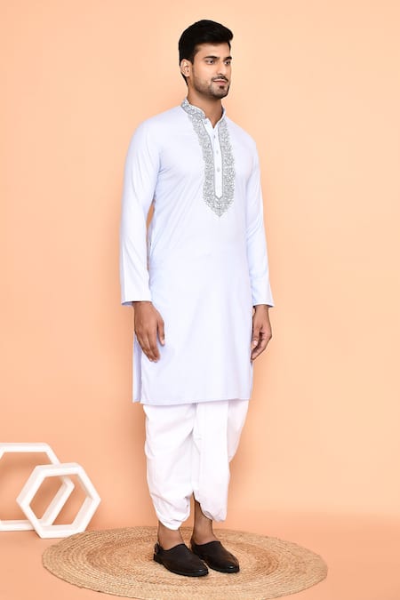 Shop Arihant Rai Sinha Blue Cotton, Silk Mirrors, Embroidery Kurta And Off-white Dhoti Pant Set Shop_Arihant Rai Sinha_Blue Cotton, Silk Mirrors, Embroidery Kurta And Off-white Dhoti Pant Set