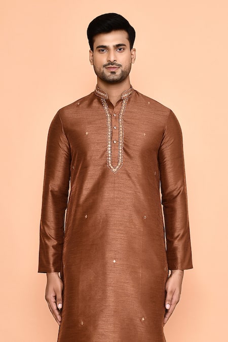 Shop_Arihant Rai Sinha_Brown Silk Embroidery Butti Kurta And Dhoti Pant Set_Online_at_Aza_Fashions