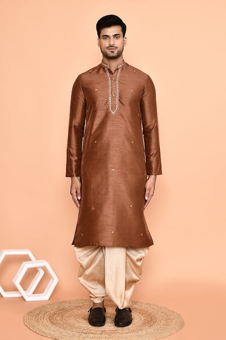 Arihant Rai Sinha_Brown Silk Embroidery Butti Kurta And Dhoti Pant Set_at_Aza_Fashions