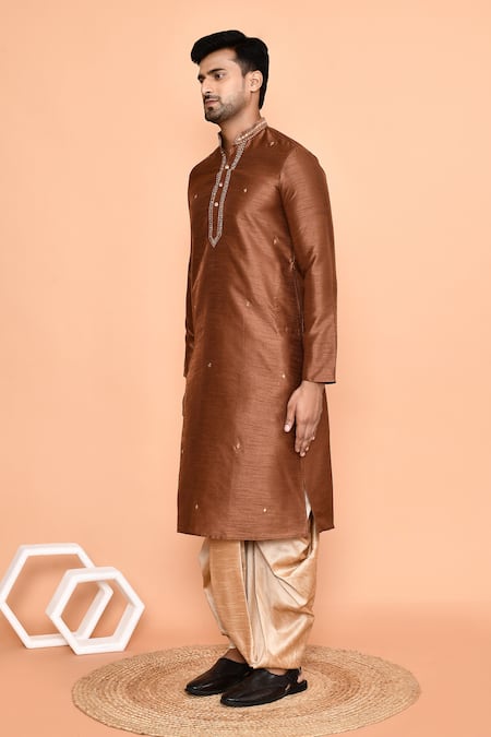 Buy_Arihant Rai Sinha_Brown Silk Embroidery Butti Kurta And Dhoti Pant Set