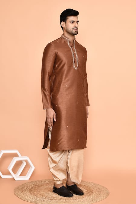 Shop_Arihant Rai Sinha_Brown Silk Embroidery Butti Kurta And Dhoti Pant Set