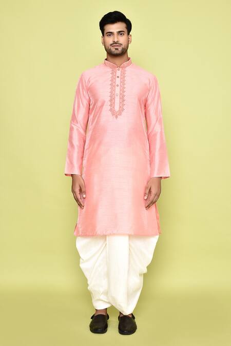 Shop_Arihant Rai Sinha_Pink Silk, Cotton Embroidery Placket Kurta With Dhoti Pant _Online_at_Aza_Fashions