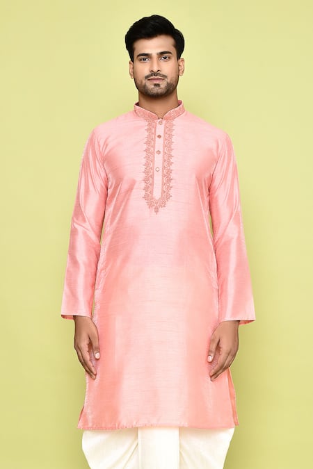 Arihant Rai Sinha Pink Silk, Cotton Embroidery Placket Kurta With Dhoti Pant at Aza Fashions Arihant Rai Sinha_Pink Silk, Cotton Embroidery Placket Kurta With Dhoti Pant _at_Aza_Fashions