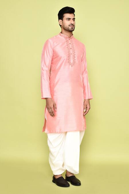 Buy_Arihant Rai Sinha_Pink Silk, Cotton Embroidery Placket Kurta With Dhoti Pant 