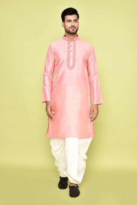 Shop_Arihant Rai Sinha_Pink Silk, Cotton Embroidery Placket Kurta With Dhoti Pant 