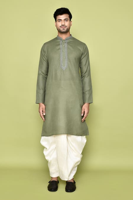 Shop_Arihant Rai Sinha_Green Cotton, Silk Embroidery Placket Straight Kurta With Dhoti Pant _Online_at_Aza_Fashions