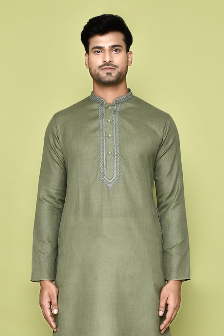 Arihant Rai Sinha_Green Cotton, Silk Embroidery Placket Straight Kurta With Dhoti Pant _at_Aza_Fashions