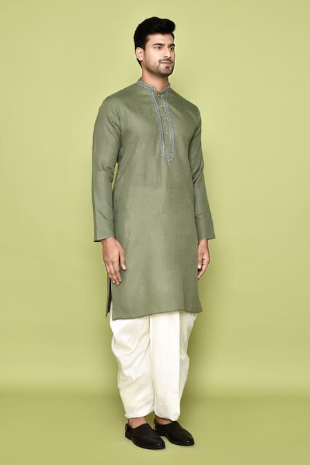 Buy_Arihant Rai Sinha_Green Cotton, Silk Embroidery Placket Straight Kurta With Dhoti Pant 