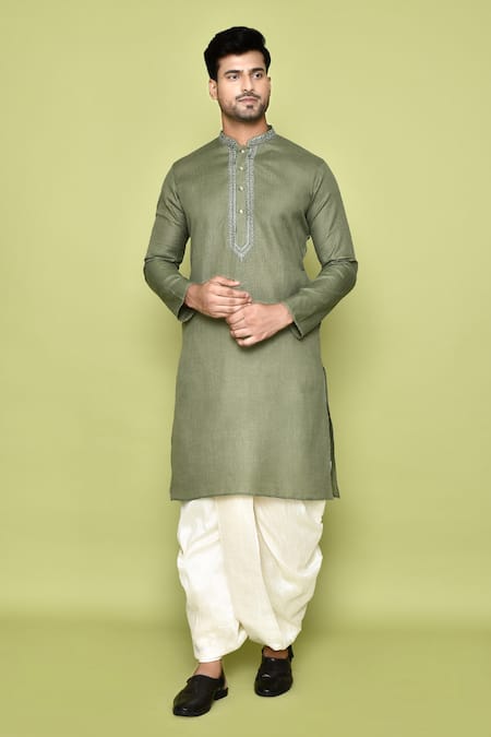 Shop_Arihant Rai Sinha_Green Cotton, Silk Embroidery Placket Straight Kurta With Dhoti Pant 