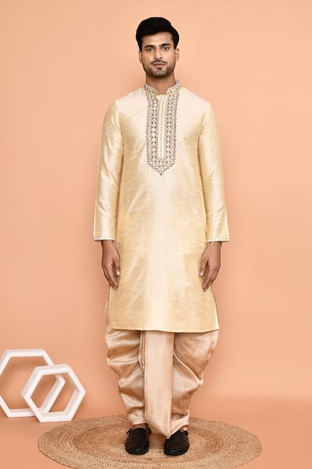Shop_Arihant Rai Sinha_Beige Silk Embroidery Floral Placket Kurta With Dhoti Pant _Online_at_Aza_Fashions