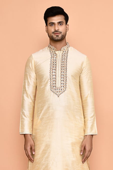 Arihant Rai Sinha_Beige Silk Embroidery Floral Placket Kurta With Dhoti Pant _at_Aza_Fashions
