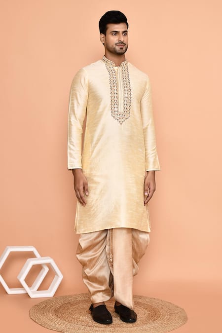Buy_Arihant Rai Sinha_Beige Silk Embroidery Floral Placket Kurta With Dhoti Pant 