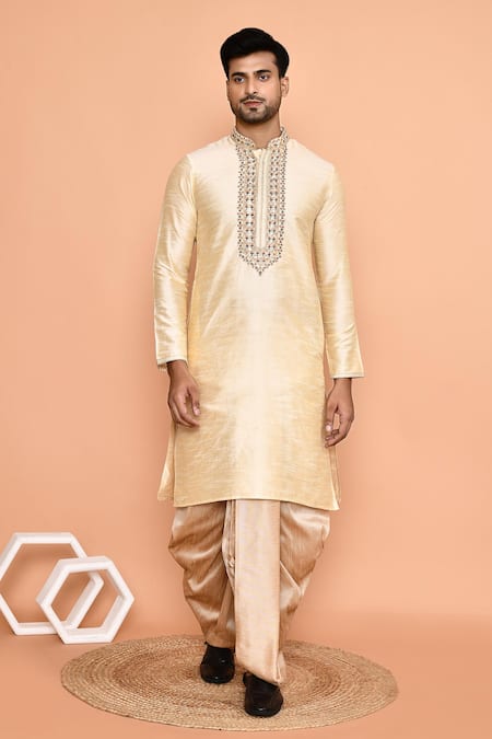 Shop_Arihant Rai Sinha_Beige Silk Embroidery Floral Placket Kurta With Dhoti Pant 