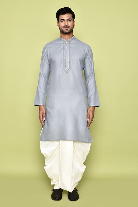 Shop_Arihant Rai Sinha_Grey Cotton, Silk Embroidery Placket Straight Kurta With Dhoti Pant _Online_at_Aza_Fashions