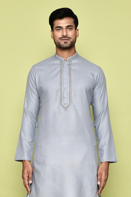 Arihant Rai Sinha_Grey Cotton, Silk Embroidery Placket Straight Kurta With Dhoti Pant _at_Aza_Fashions