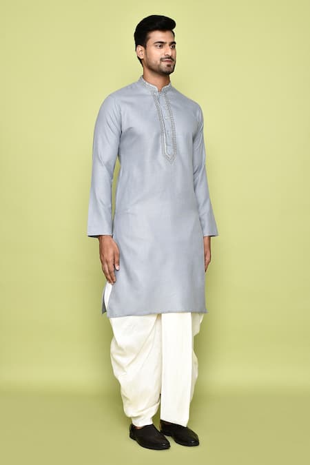 Buy_Arihant Rai Sinha_Grey Cotton, Silk Embroidery Placket Straight Kurta With Dhoti Pant 