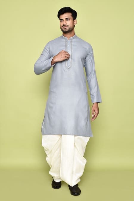 Shop_Arihant Rai Sinha_Grey Cotton, Silk Embroidery Placket Straight Kurta With Dhoti Pant 