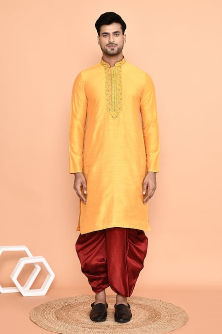 Shop_Arihant Rai Sinha_Yellow Cotton, Silk Embroidery Floret Placket Kurta With Dhoti Pant _Online_at_Aza_Fashions