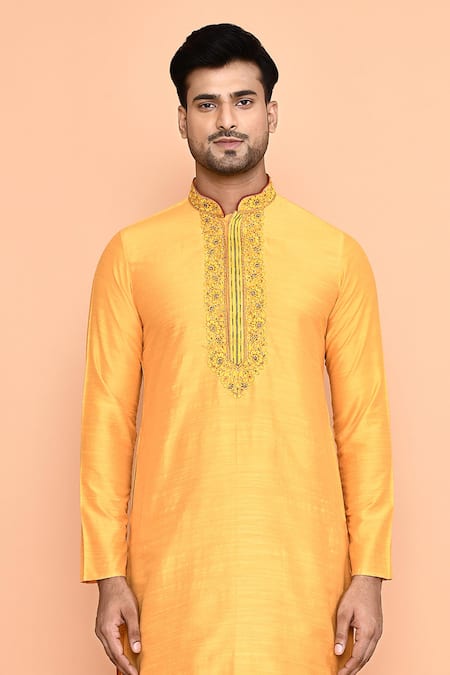 Arihant Rai Sinha_Yellow Cotton, Silk Embroidery Floret Placket Kurta With Dhoti Pant _at_Aza_Fashions