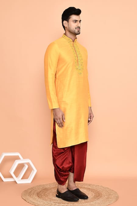 Buy_Arihant Rai Sinha_Yellow Cotton, Silk Embroidery Floret Placket Kurta With Dhoti Pant 