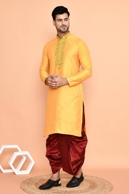 Shop_Arihant Rai Sinha_Yellow Cotton, Silk Embroidery Floret Placket Kurta With Dhoti Pant 