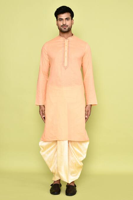 Shop_Arihant Rai Sinha_Pink Cotton, Silk Embroidery Tonal Placket Kurta With Dhoti Pant _Online_at_Aza_Fashions