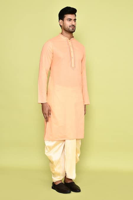 Shop Arihant Rai Sinha Pink Cotton, Silk Embroidery Tonal Placket Kurta With Dhoti Pant Shop_Arihant Rai Sinha_Pink Cotton, Silk Embroidery Tonal Placket Kurta With Dhoti Pant