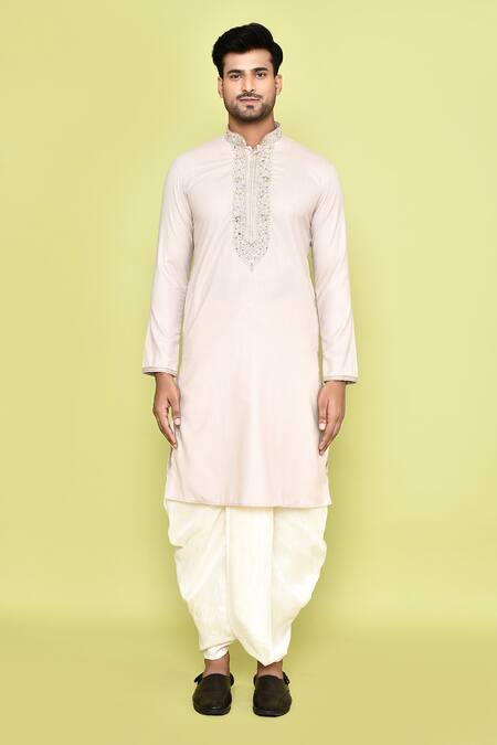 Arihant Rai Sinha_Ivory Cotton, Silk Embroidery Floral Bloom Placket Kurta With Dhoti Pant _Online_at_Aza_Fashions