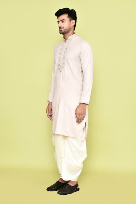 Buy_Arihant Rai Sinha_Ivory Cotton, Silk Embroidery Floral Bloom Placket Kurta With Dhoti Pant _Online_at_Aza_Fashions