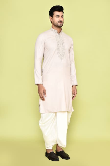 Shop_Arihant Rai Sinha_Ivory Cotton, Silk Embroidery Floral Bloom Placket Kurta With Dhoti Pant _Online_at_Aza_Fashions