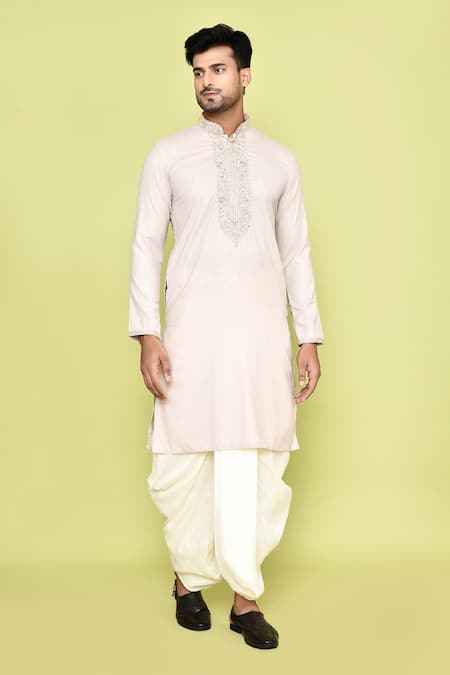 Arihant Rai Sinha_Ivory Cotton, Silk Embroidery Floral Bloom Placket Kurta With Dhoti Pant _at_Aza_Fashions
