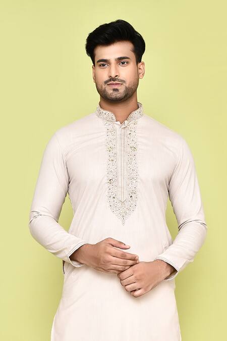 Buy_Arihant Rai Sinha_Ivory Cotton, Silk Embroidery Floral Bloom Placket Kurta With Dhoti Pant 