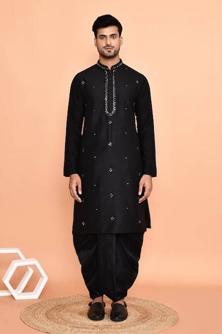 Shop_Arihant Rai Sinha_Black Silk Embroidery Straight Butti Kurta And Dhoti Pant Set _Online_at_Aza_Fashions