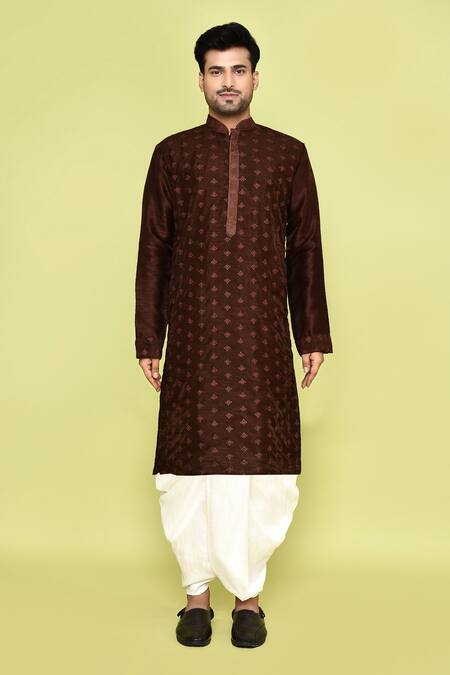 Shop_Arihant Rai Sinha_Brown Silk, Cotton Embroidery Floral Butti Kurta With Dhoti Pant_Online_at_Aza_Fashions