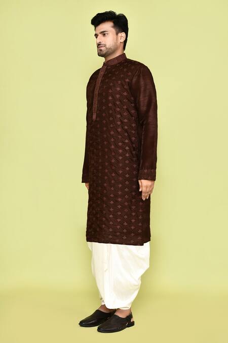 Arihant Rai Sinha_Brown Silk, Cotton Embroidery Floral Butti Kurta With Dhoti Pant_at_Aza_Fashions