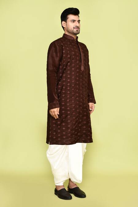 Buy_Arihant Rai Sinha_Brown Silk, Cotton Embroidery Floral Butti Kurta With Dhoti Pant