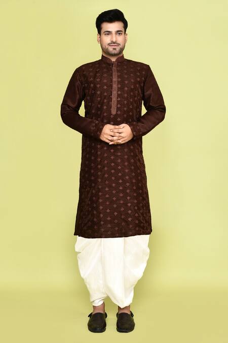 Shop_Arihant Rai Sinha_Brown Silk, Cotton Embroidery Floral Butti Kurta With Dhoti Pant