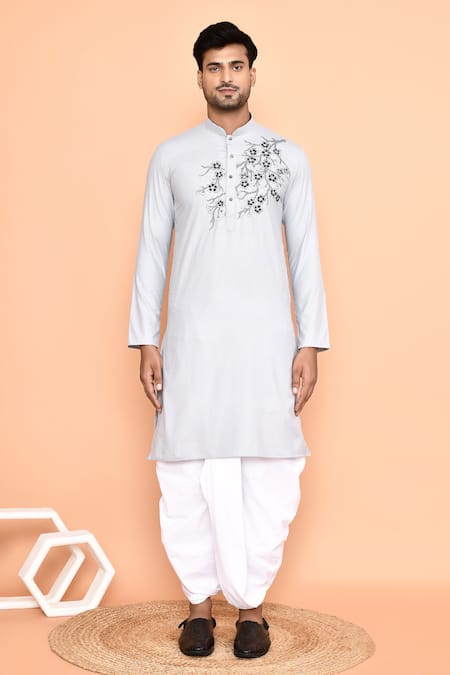 Shop_Arihant Rai Sinha_Grey Cotton, Silk Embroidery Flower Vine Kurta With Dhoti Pant _Online_at_Aza_Fashions