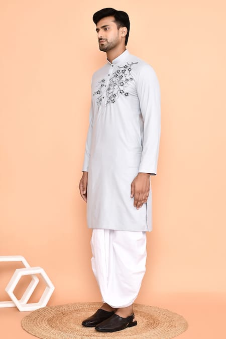 Arihant Rai Sinha_Grey Cotton, Silk Embroidery Flower Vine Kurta With Dhoti Pant _at_Aza_Fashions