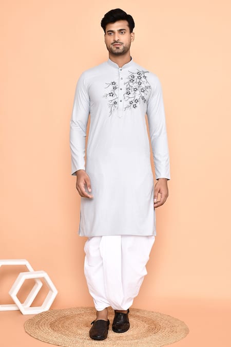Shop_Arihant Rai Sinha_Grey Cotton, Silk Embroidery Flower Vine Kurta With Dhoti Pant 